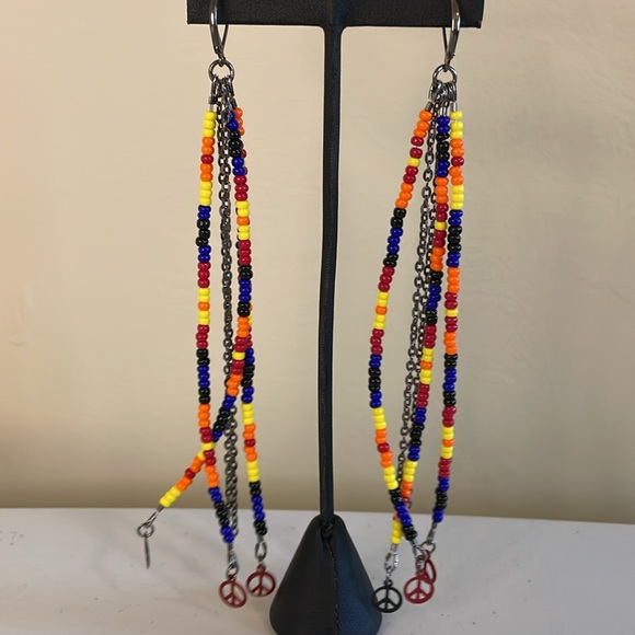 HAND CRAFTED SHOULDER DUSTER EARRINGS Black Blue Red Orange Yellow Peace Signs - Picture 6 of 14